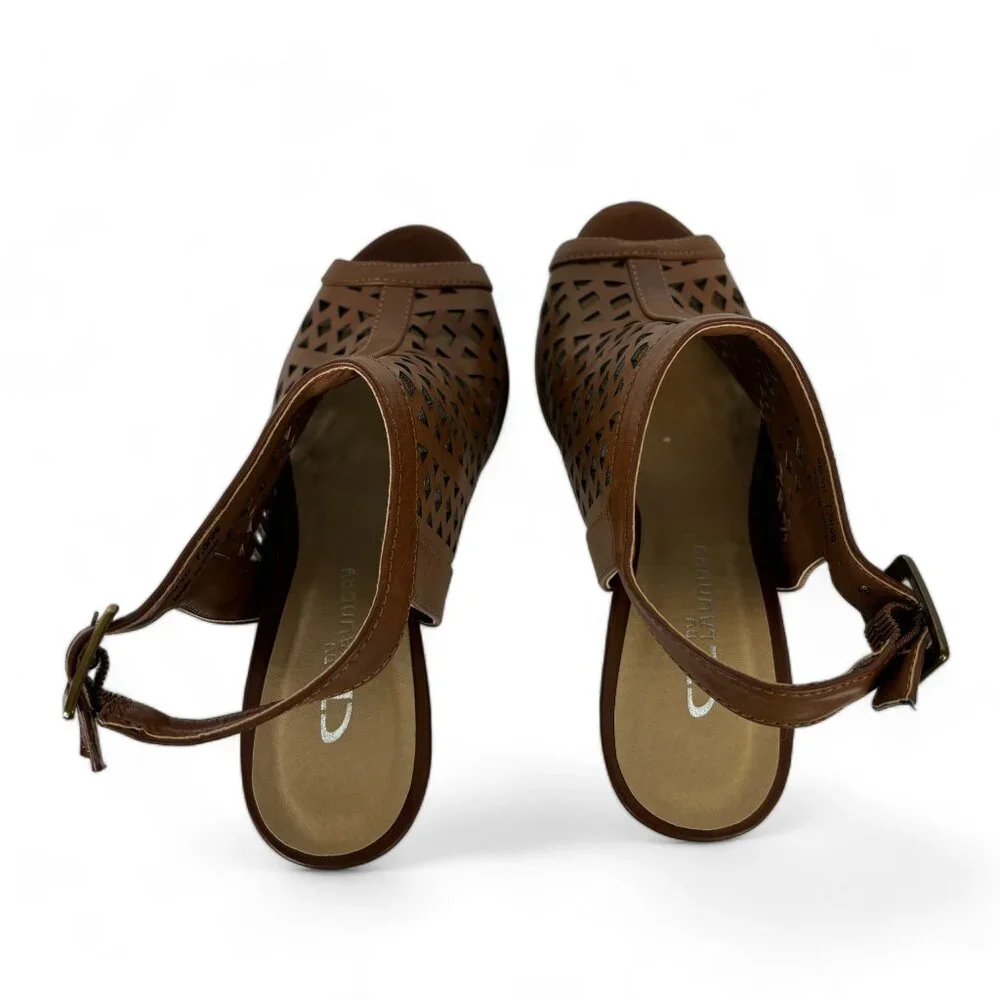 CL BY LAUNDRY Womens Ankle Buckle Sandal Size 7.5M Brown Faux Leather Perforated